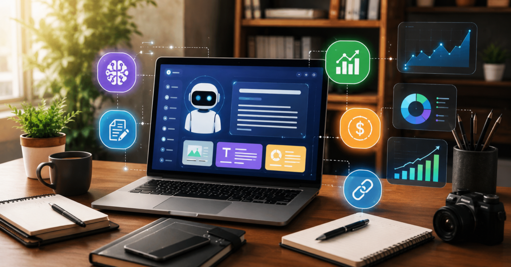 Modern blogger workspace using AI writing tools for SEO and affiliate marketing growth