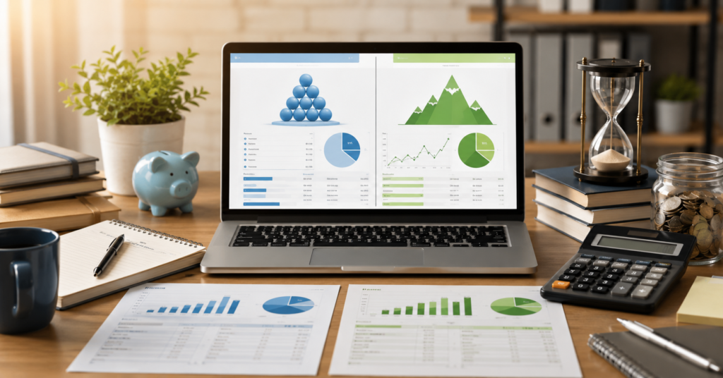 Modern personal finance workspace comparing debt snowball and avalanche repayment strategies