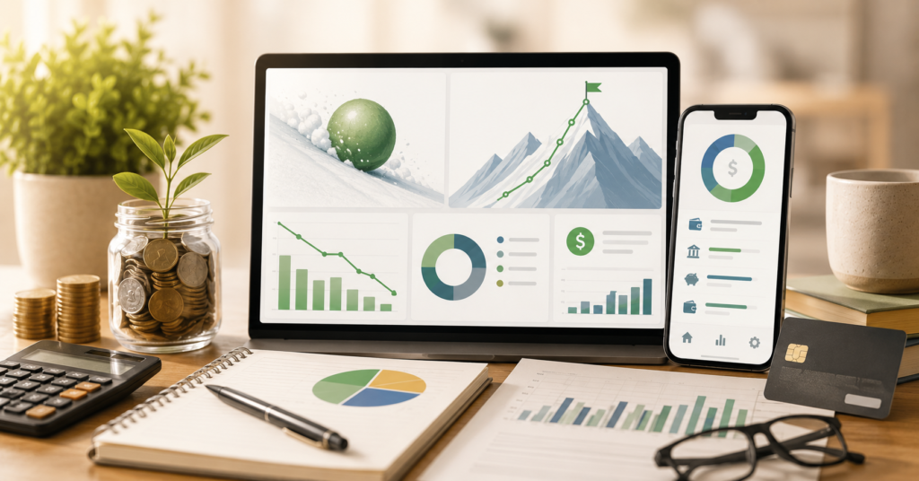 Modern debt payoff dashboard with snowball and avalanche repayment strategy visuals