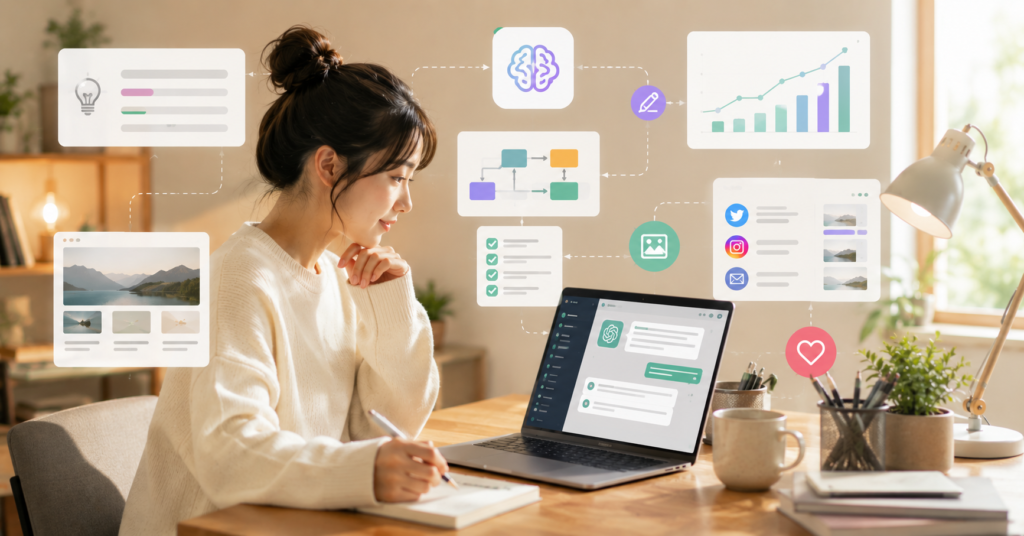 Japanese person working from home using ChatGPT for online side hustle and content creation