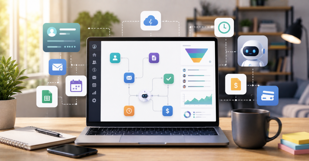 Freelancer automation workspace with CRM dashboards, task automation, and productivity tools
