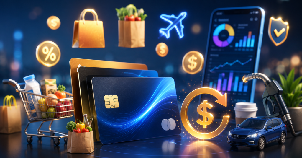 Modern cash back credit cards with digital reward icons and finance dashboard