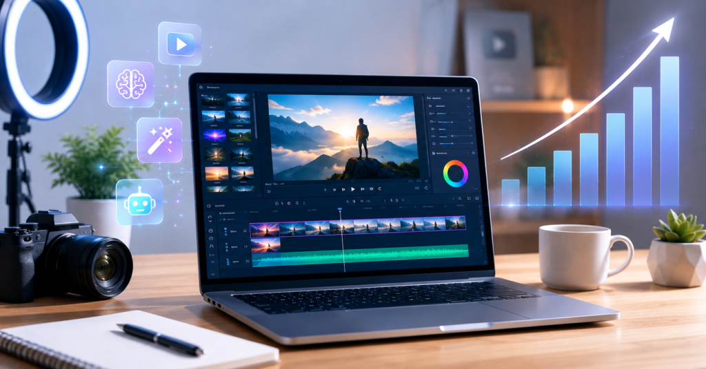 Laptop showing AI video editing timeline with upward revenue graph in a modern creator workspace