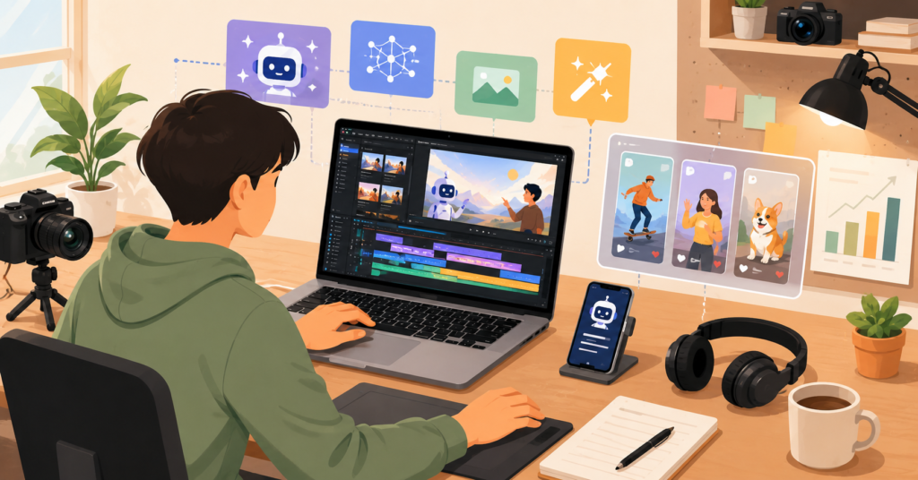 Beginner creator editing AI videos with laptop, smartphone, and short-form video workflow tools
