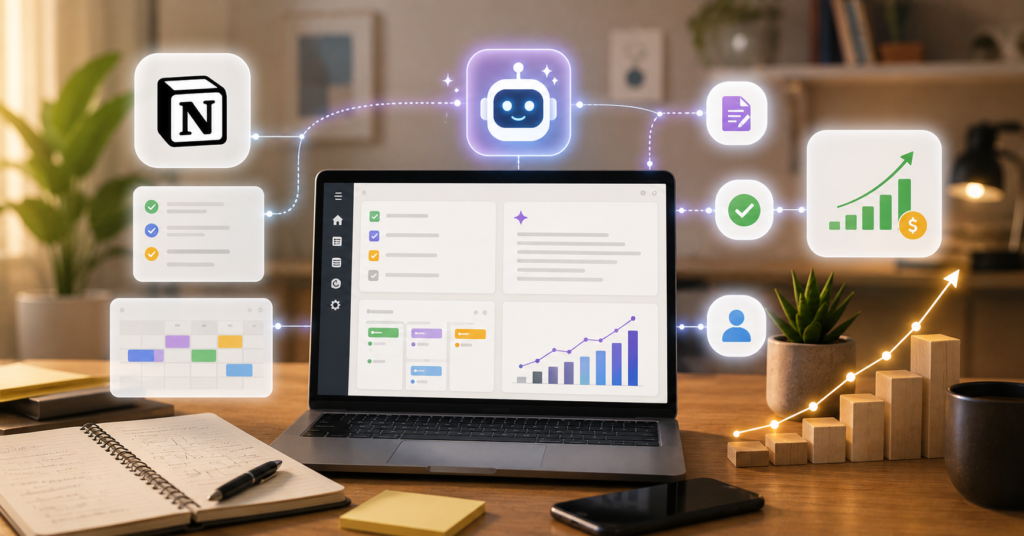 Notion-style AI productivity dashboard with workflow automation and side hustle management
