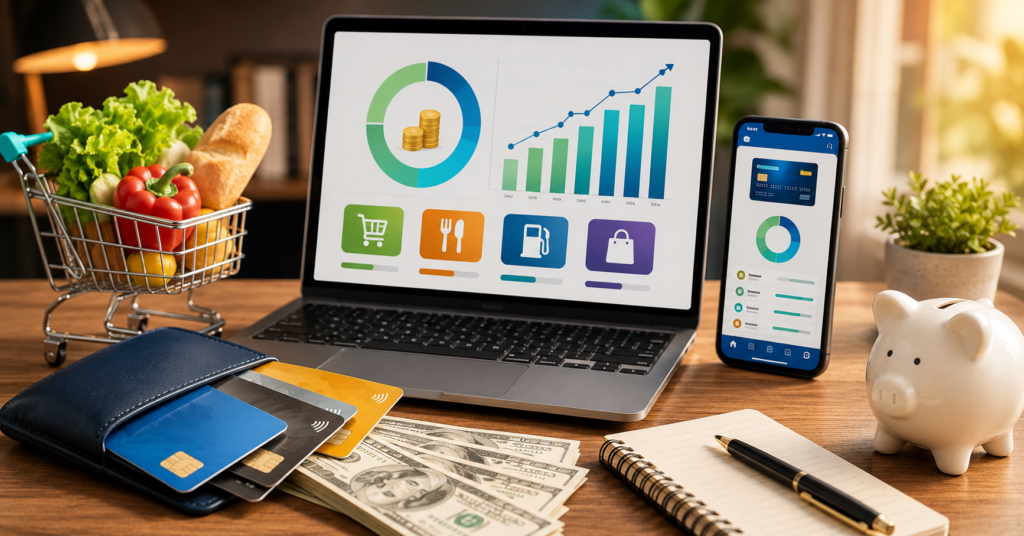 Modern personal finance workspace with cash back credit cards and rewards tracking dashboard