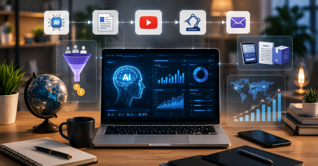 AI-powered passive income workspace with automation dashboard, digital products, and online business analytics