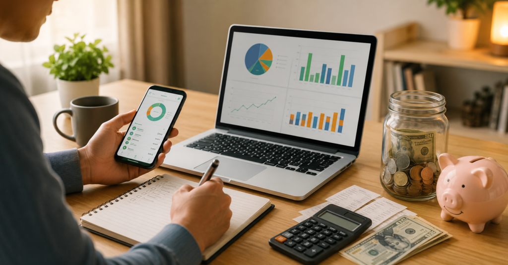Low income budgeting and savings workspace with finance tracking tools and emergency savings concept