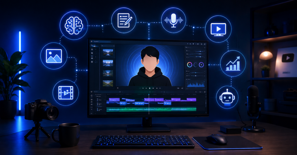 Minimal faceless YouTube studio setup with AI workflow icons and dark blue lighting