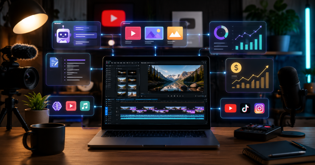 AI-powered YouTube creator workflow desk with video editing and SEO analytics dashboard