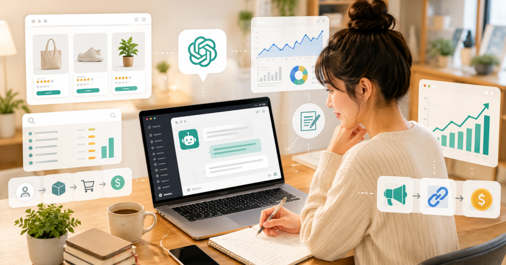 Japanese beginner using ChatGPT for online side hustle and affiliate income
