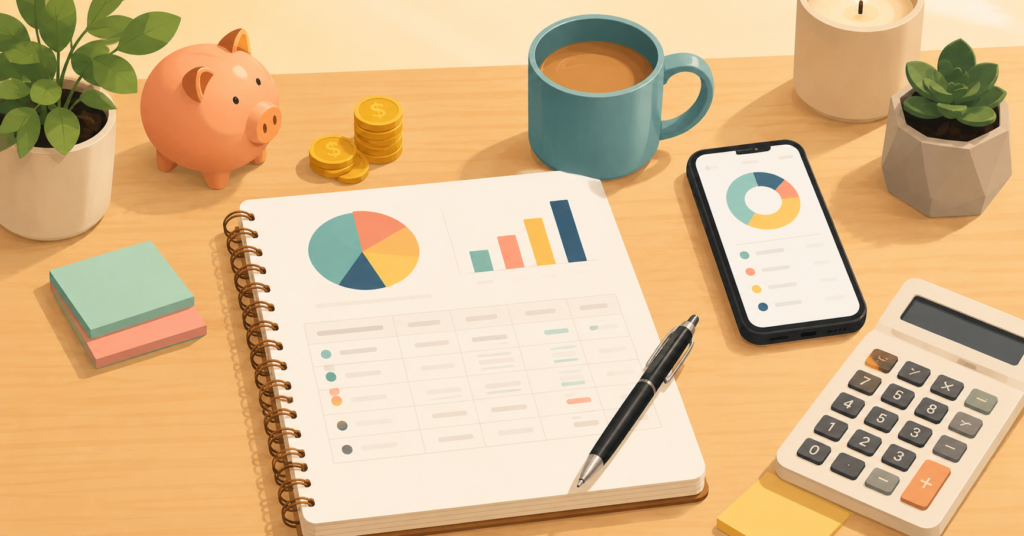 Beginner monthly budgeting workspace with notebook, calculator, smartphone, and savings chart