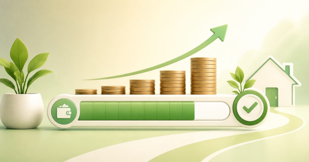 Minimal debt payoff progress bar with coins and upward arrows in warm green financial tones