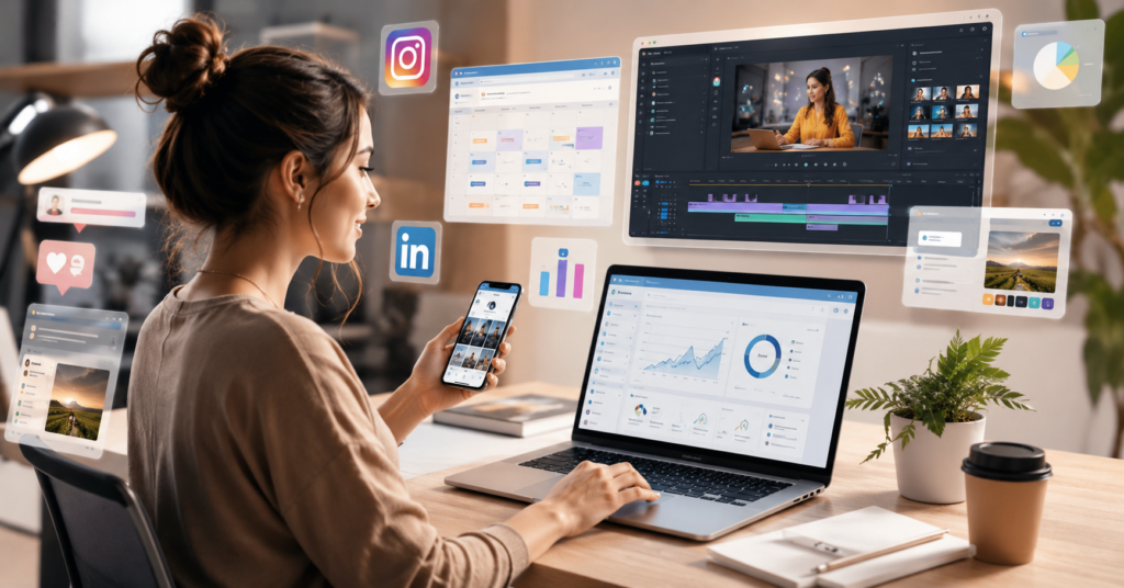 Modern social media marketer using AI tools for content creation, analytics, and scheduling workflows