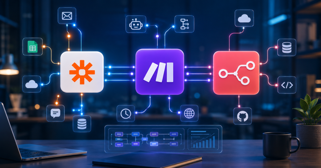 AI automation workflow comparison between Zapier Make and n8n platforms