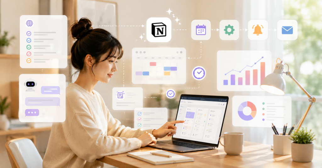 Japanese freelancer organizing AI-powered schedules and productivity workflows in Notion AI