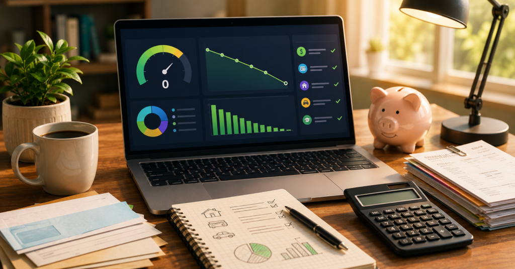 Modern debt payoff and budget planning workspace with financial tracking dashboard