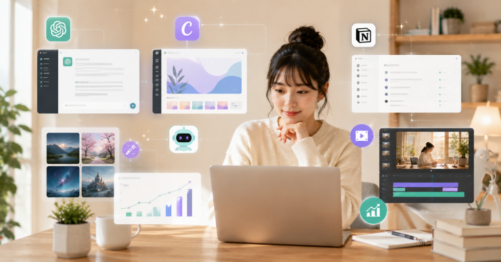 Japanese beginner using free AI tools for blogging and online side hustle workflows