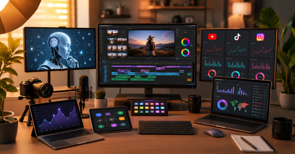 Modern content creator using AI tools for video editing, SEO, and social media growth in 2025