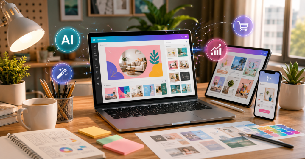Japanese Canva AI design workspace with social media templates and AI side income concept