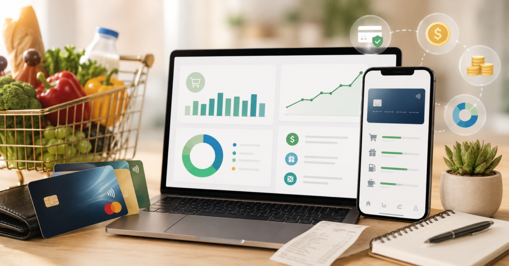 Modern grocery cash back credit card dashboard with supermarket spending analytics and reward tracking