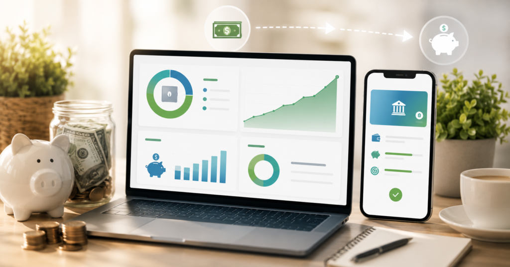 Modern high-yield savings dashboard with emergency fund growth charts and automatic savings tools