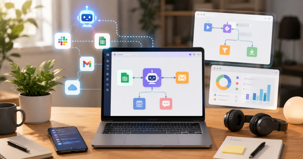 Beginner AI automation workspace with workflow dashboard and connected automation nodes