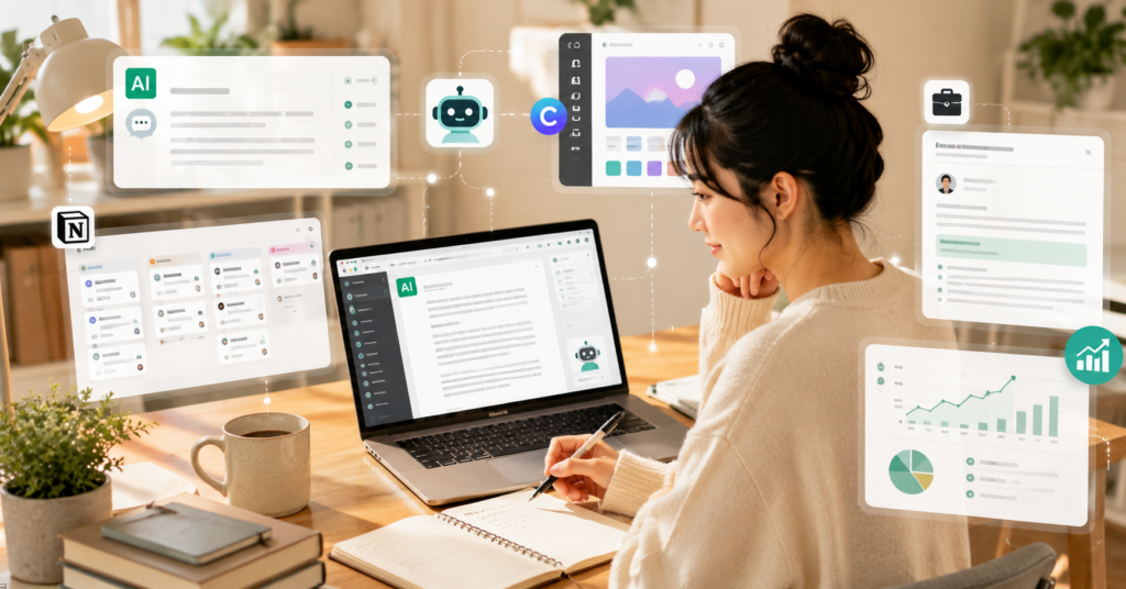 Japanese beginner using AI writing tools for freelance side business and content creation