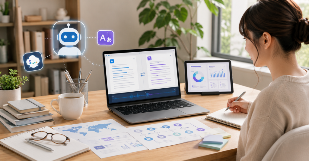 Japanese AI translation side income workspace with bilingual translation dashboard