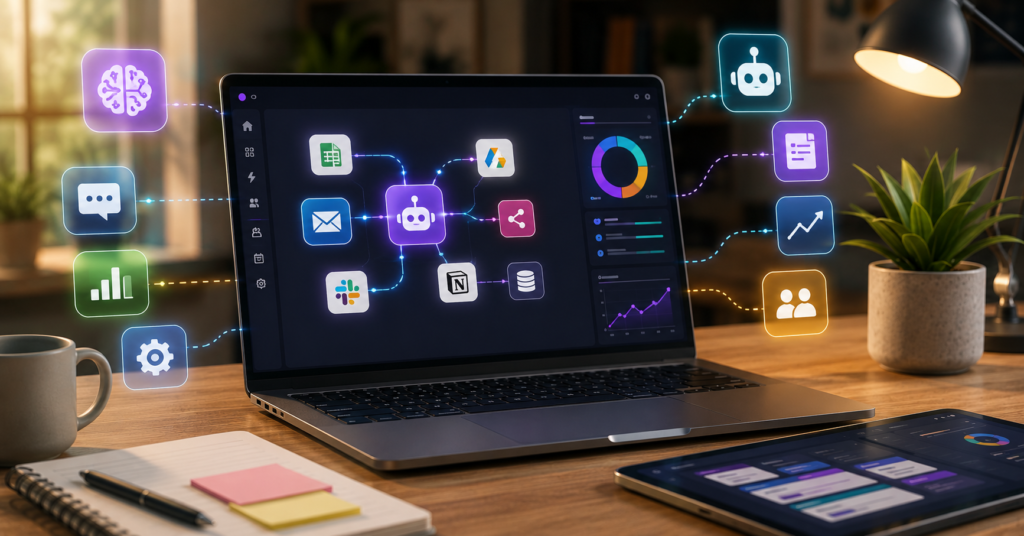 Modern AI automation workspace with workflow dashboard and connected AI agent systems