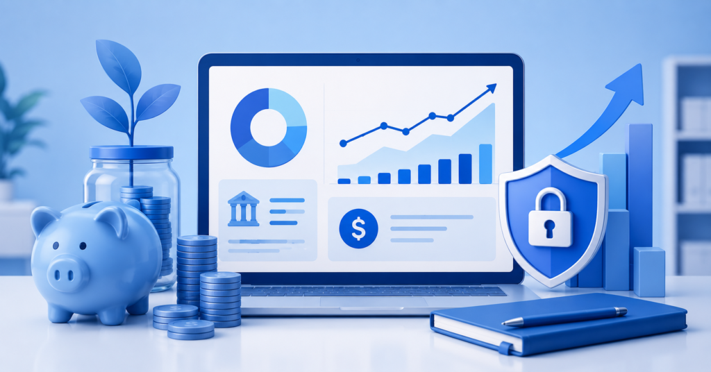 Emergency fund growth dashboard with high yield savings account analytics and secure financial planning concept