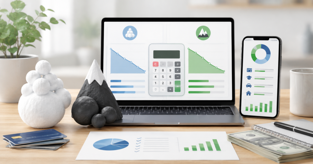 Debt snowball vs avalanche payoff calculator dashboard with budgeting and debt tracking visuals