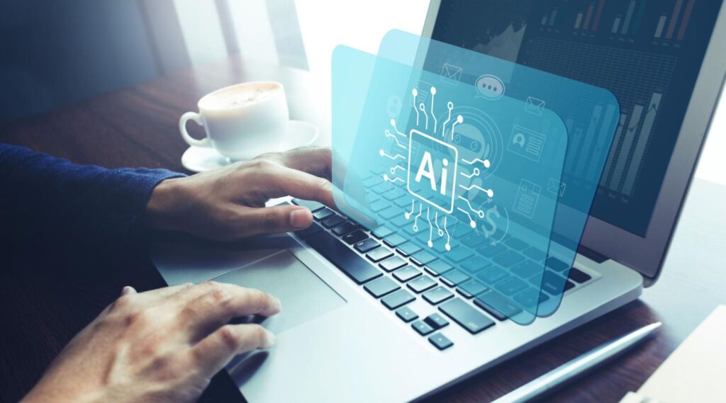 Remote worker using AI task automation tools for project management, workflows, and productivity