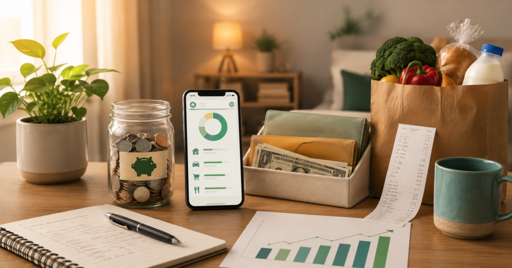Low income budgeting setup with savings jar, budgeting app, grocery receipt, and emergency fund planning tools