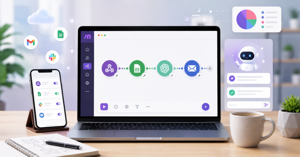 Beginner-friendly Make.com automation workflow dashboard with AI tools and connected modules