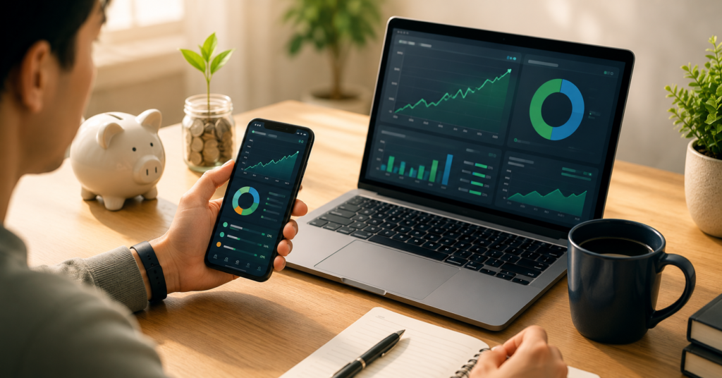 Beginner investor using smartphone investment app with portfolio growth dashboard and modern fintech tools