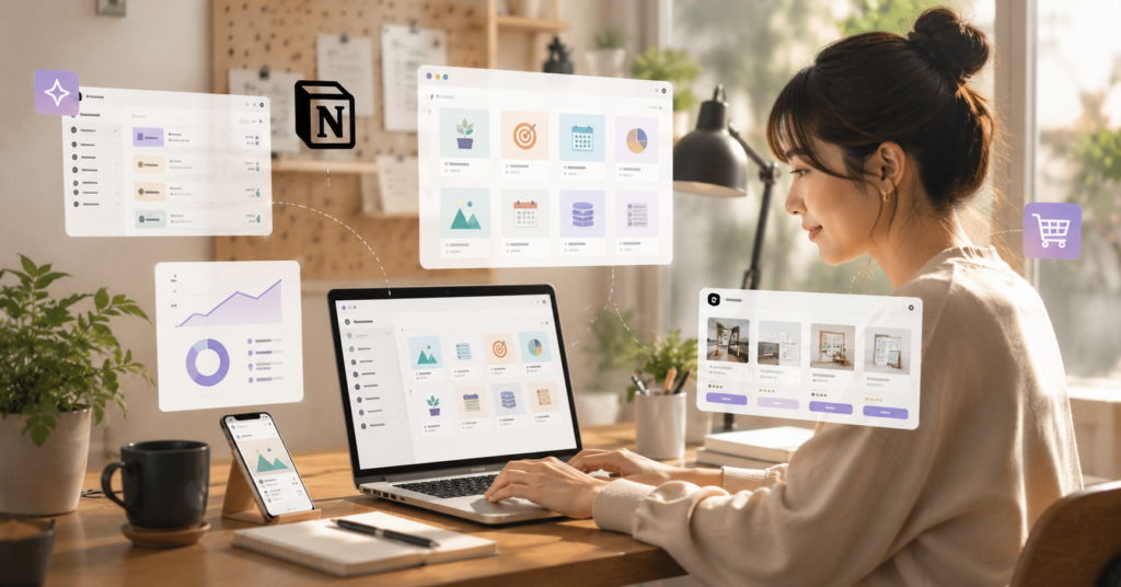 Japanese creator building and selling Notion AI templates in a modern digital workspace