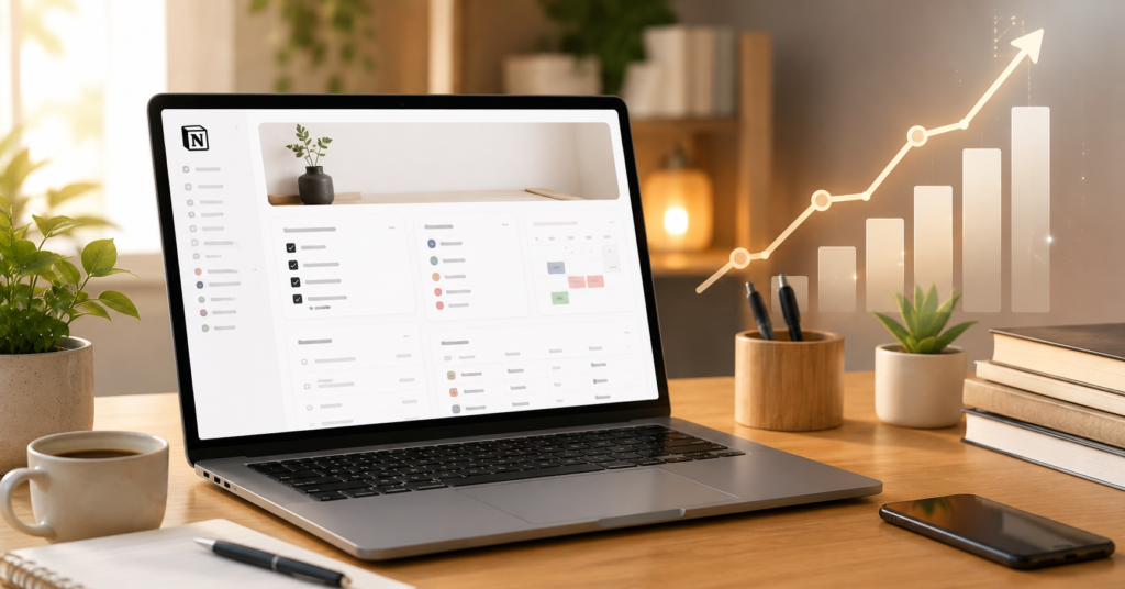 Notion dashboard on a laptop with an income growth graph in a clean Japanese side hustle workspace