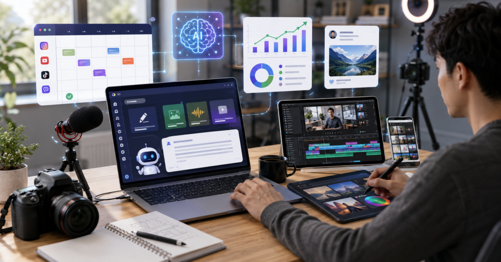Content creator workspace using AI tools for writing, design, video editing, and content planning