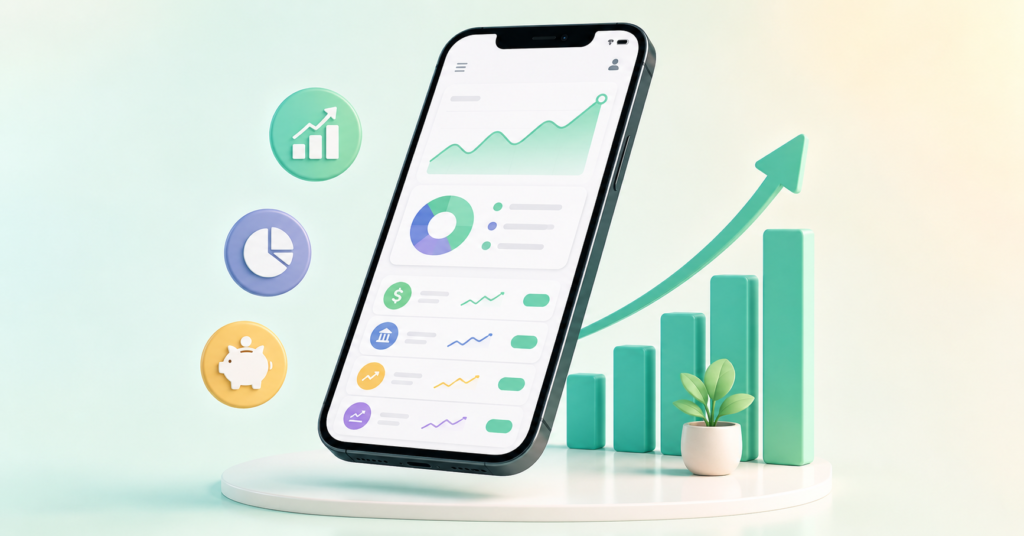 Beginner-friendly mobile investing app interface above an upward investment chart in a clean modern style