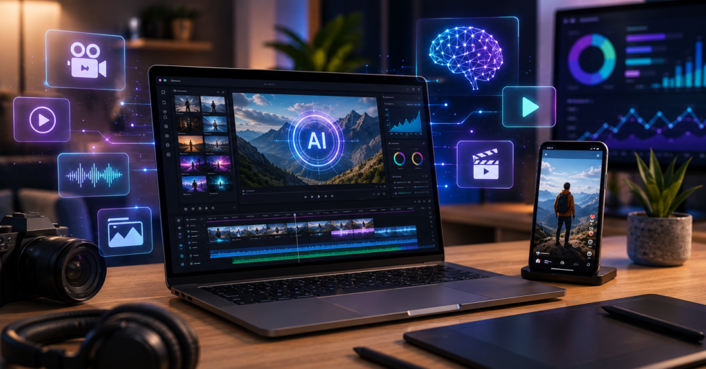 Modern AI video creation workspace with YouTube Shorts editing dashboard and AI video generator tools