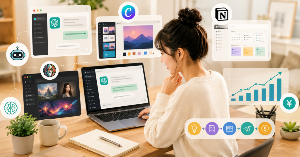 Japanese beginner using AI tools for online side hustle and monthly side income
