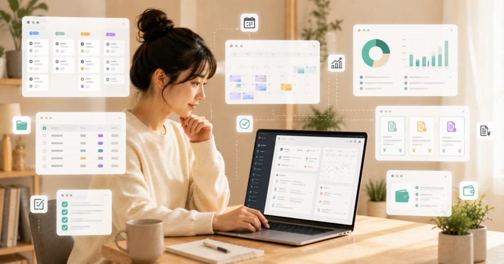 Japanese freelancer organizing side business projects and finances in Notion
