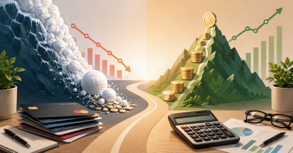 Debt payoff comparison with credit cards, calculator, charts, and snowball versus avalanche finance concept
