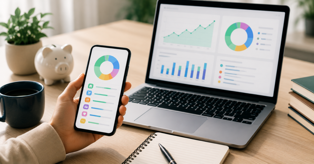 Beginner budgeting app dashboard on smartphone with savings charts and personal finance workspace