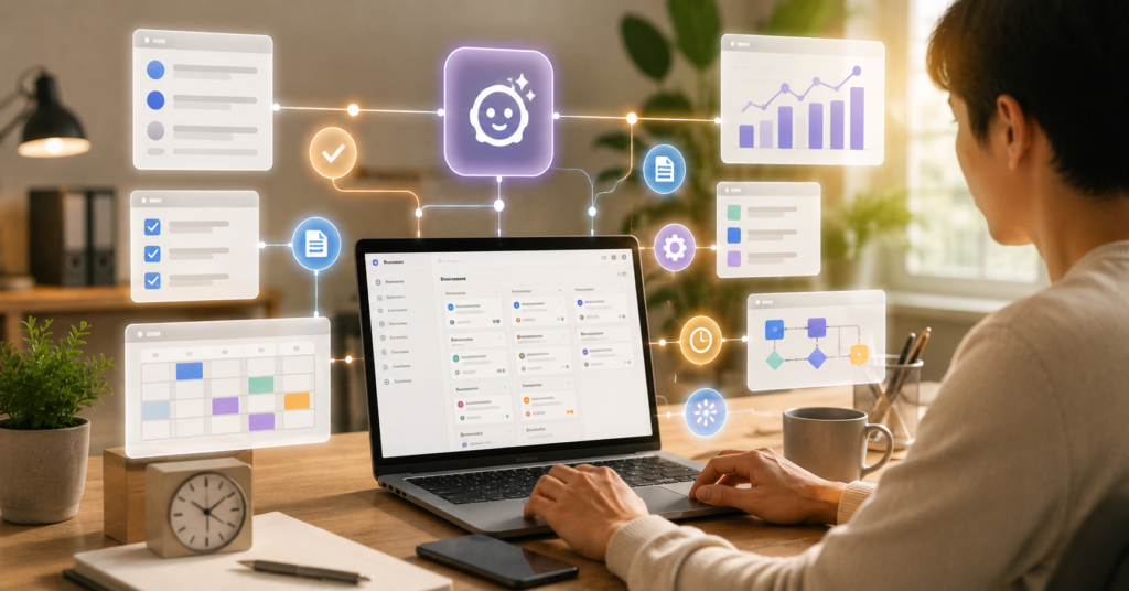 AI-assisted productivity workspace with Notion-style task dashboard and workflow automation
