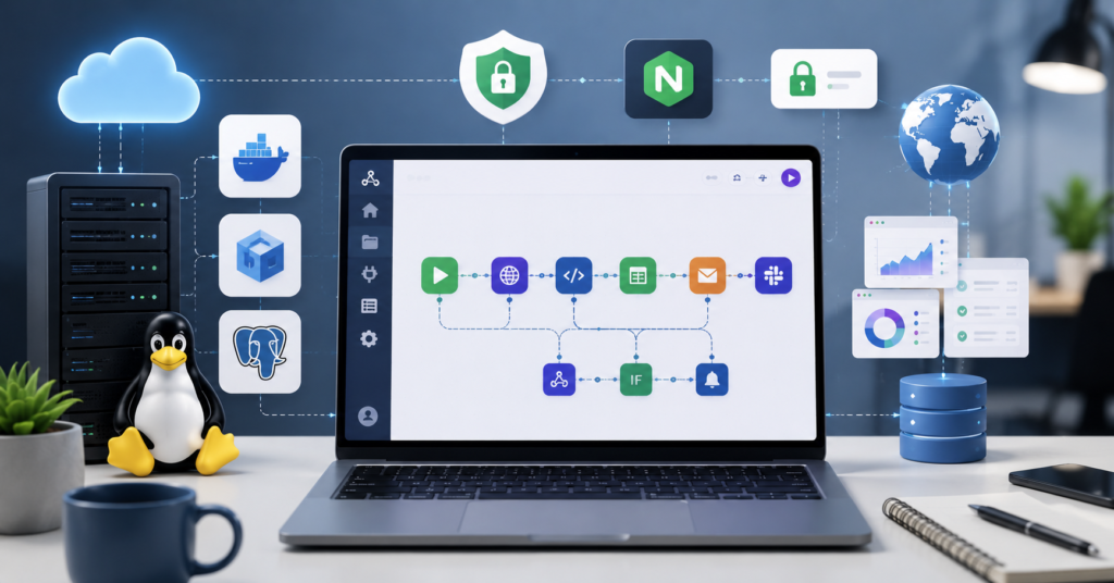 Self-hosted n8n automation server dashboard running on VPS with Docker and cloud infrastructure
