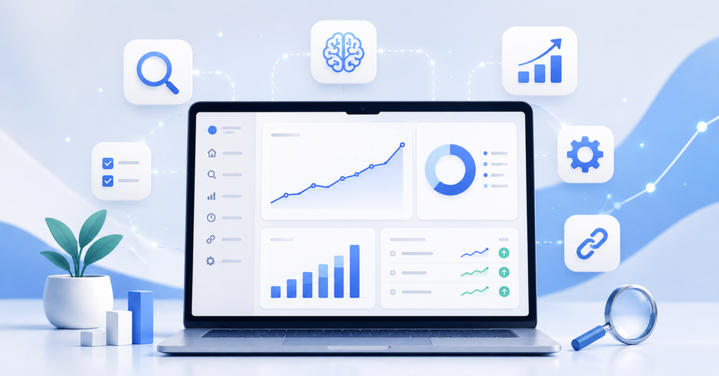 Minimal SEO dashboard with upward ranking graphs and floating AI tool icons in blue and white tones