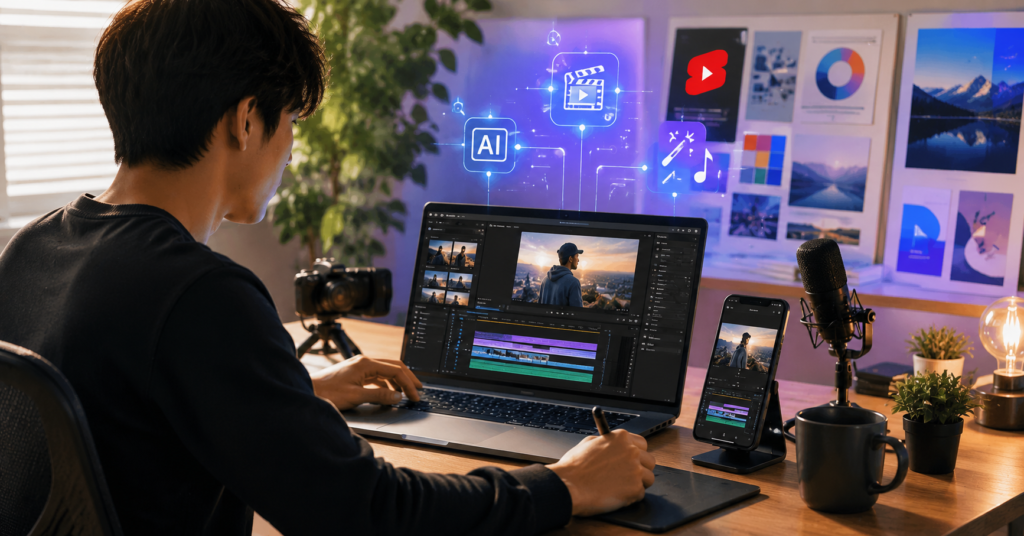 AI動画編集ツールを使ってショート動画を制作する日本人クリエイターのワークスペース