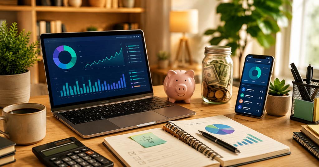 Modern emergency fund savings workspace with high-yield savings dashboard and budgeting tools
